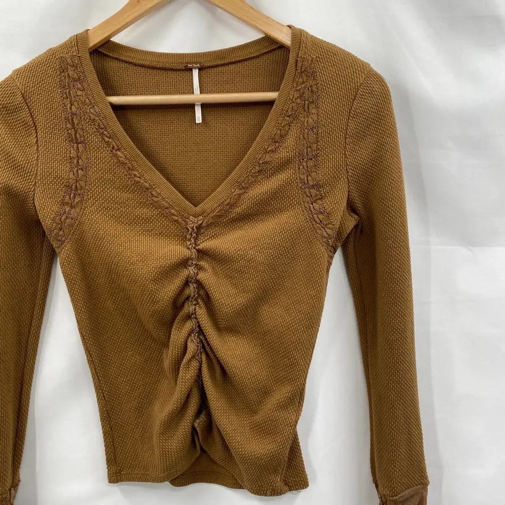 Free People Wear Me Out Thermal Mesh Lace cuff Sleeve Top